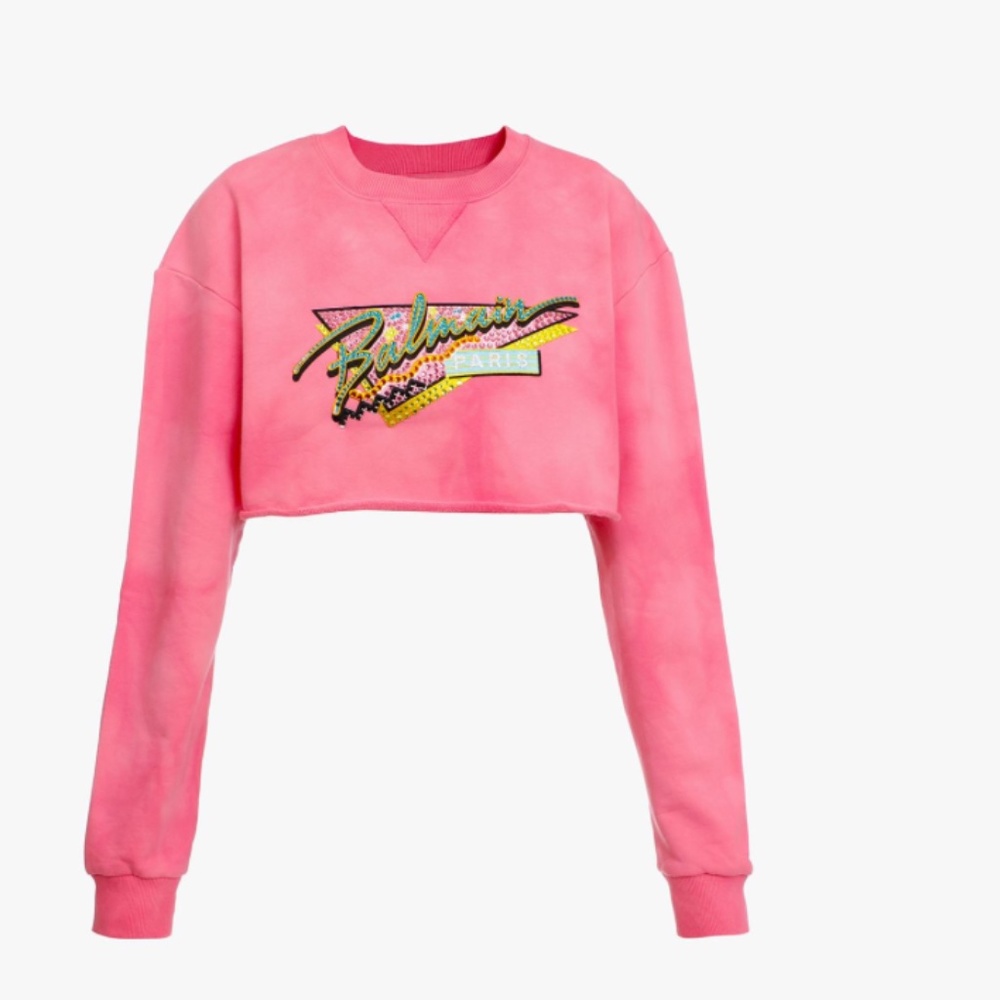 Balmain Cropped pink cotton sweatshirt with embroidered logo